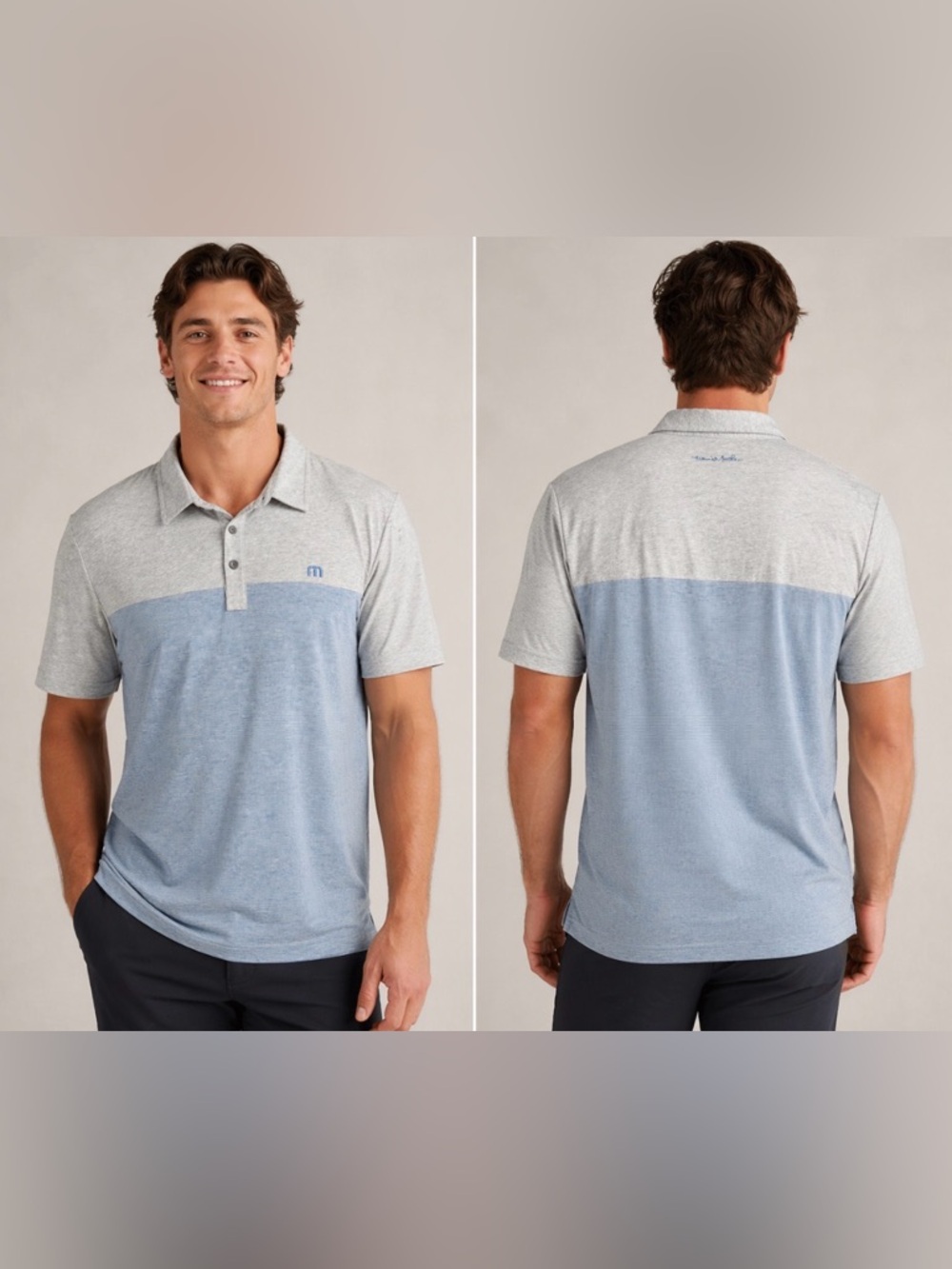 Travis Mathew Men's Heathered Light Blue and Gray Colorblock Polo